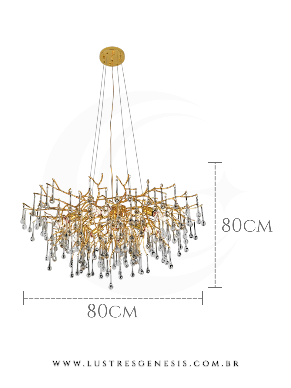 Lustre pendente de cristal moderno em formato de galho, com acabamento dourado e gotas de cristal, medindo 60cm x 60cm, ideal para sala de jantar, quartos e sala de estar.